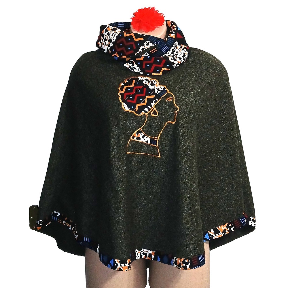 African Afrocentric Women Poncho OSFM Gray Snood Collar Tribal Headwrap Ethnic